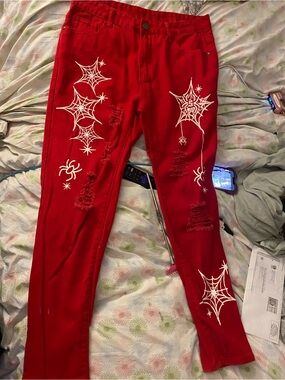 Red Spiderweb Graphic Jeans